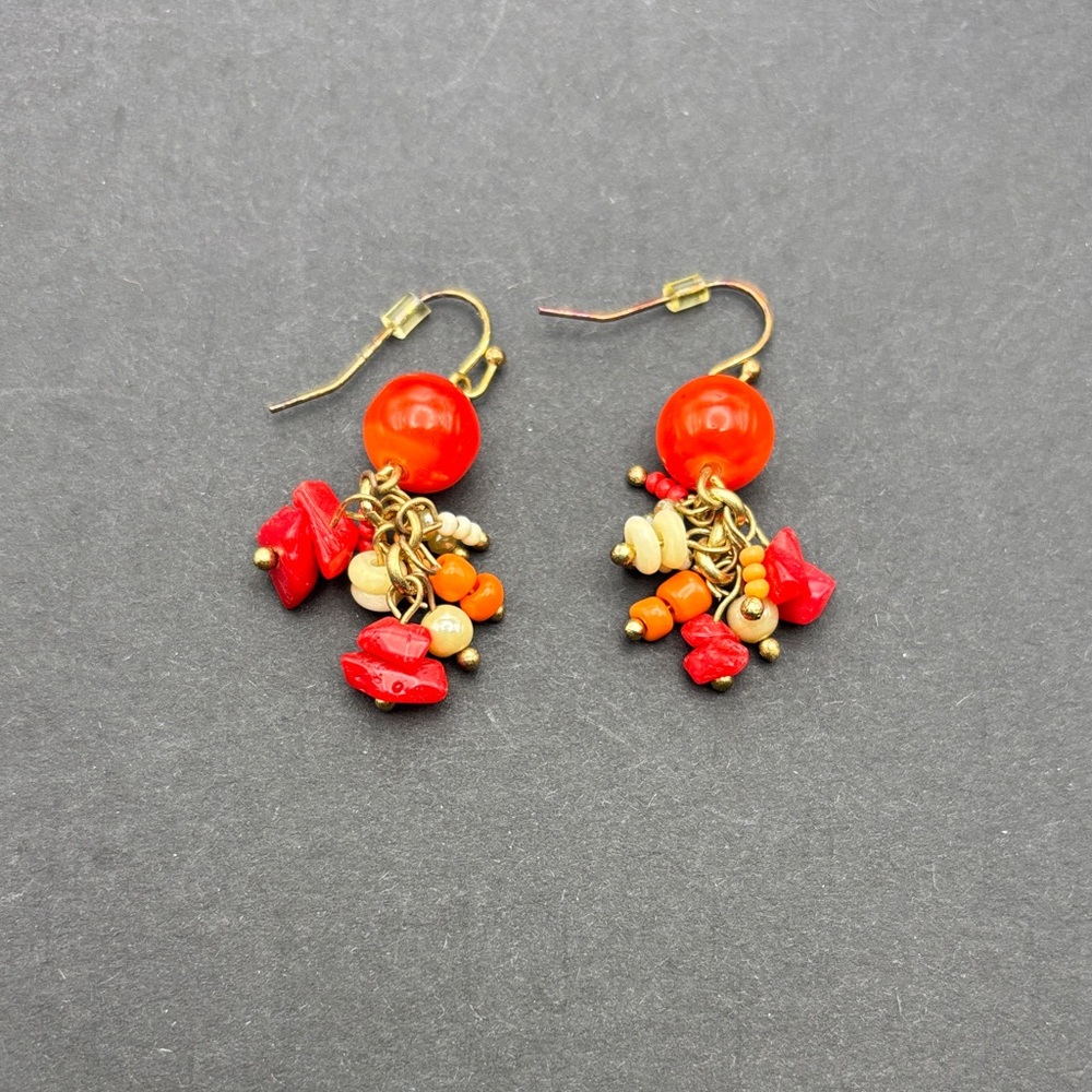 Beaded Orange and Gold Dangle Earrings